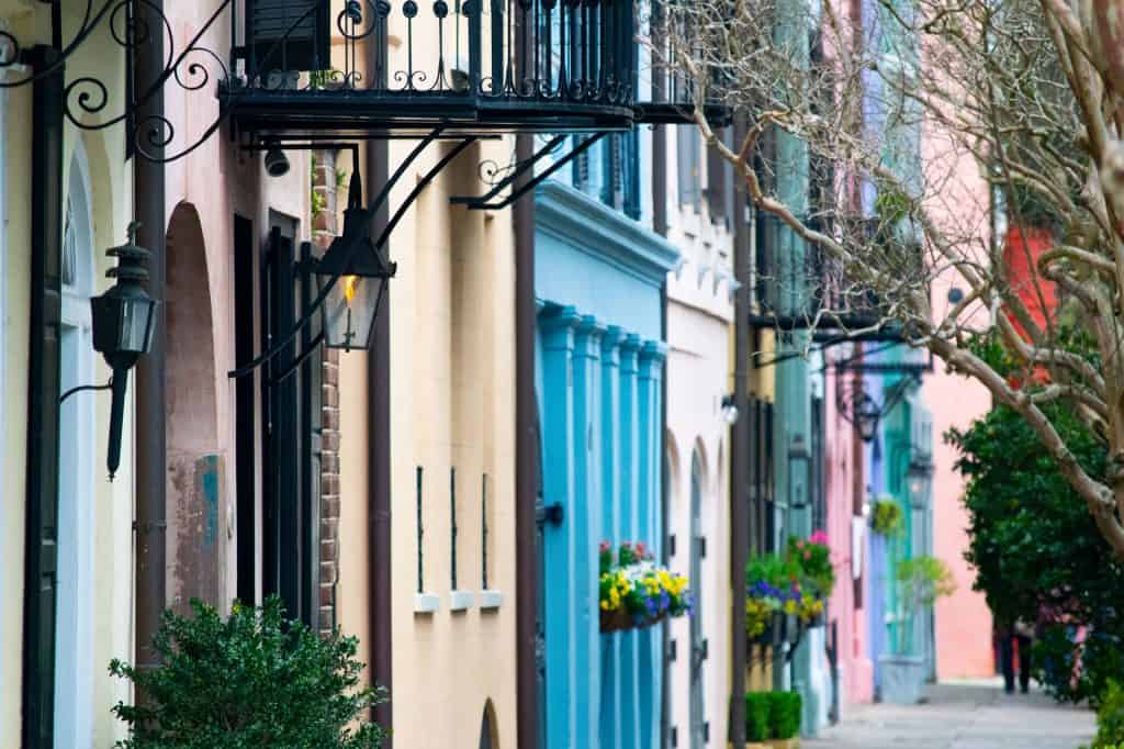 Rainbow row of houses in Charleston, South Carolina, USA