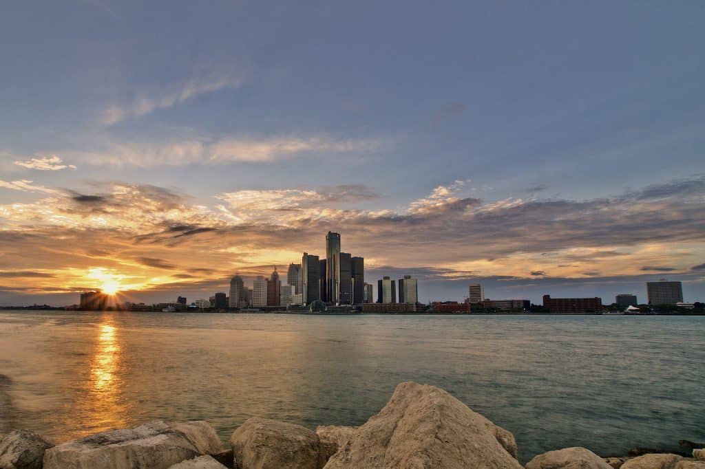 Sunset over Detroit, Michigan skyline