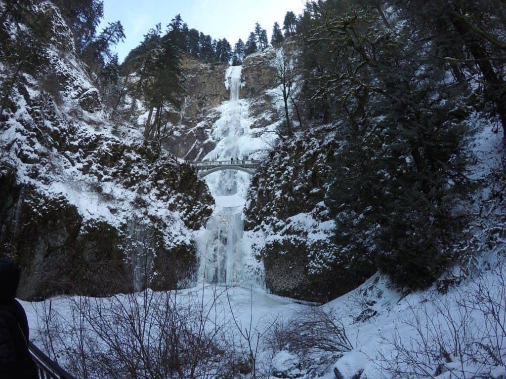 Multnomah Falls covered in snow and ice